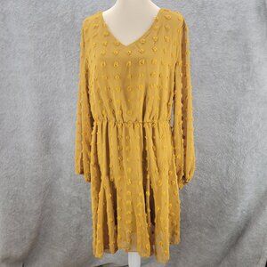 Kirundo Long Sleeved V-Neck Swiss Dot Dress in Mustard Yellow Women's Sz XL *NWT